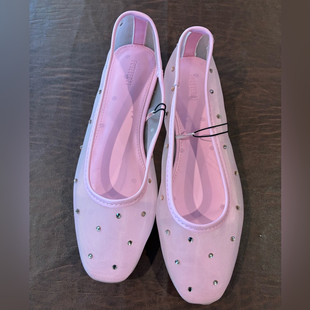 New Chic Pink Mesh Ballet Flats with Rhinestones